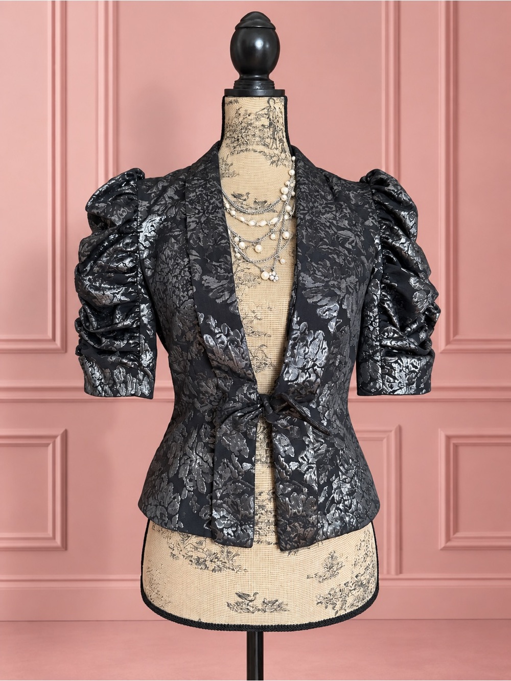 Betsey Johnson Black & Silver Floral Brocade Tie-Front Puff Sleeve Jacket